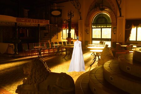 Mysterious woman with mask on her face in an art noveau settingの写真素材