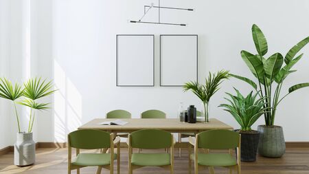 Modern bright interiors apartment with dining table,3D rendering illustration