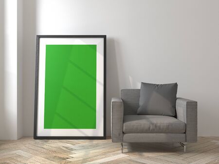 Modern bright interiors apartment with mockup poster frame 3D rendering illustrationの写真素材