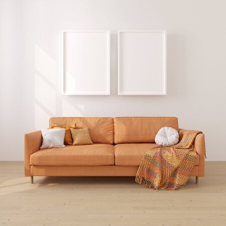 Modern bright interiors apartment with mockup poster frame 3D rendering illustrationの写真素材