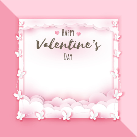 Valentines day on pink background with hearts and butterfly paper cut pattern, vector illustration.のイラスト素材