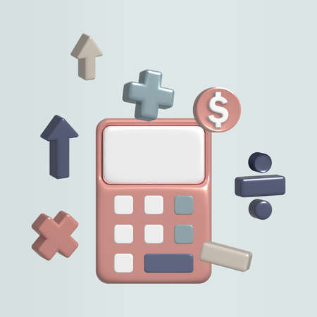 Calculator, coins and mathematical object form on pastel colour background. 3d render illustration. Financial icon concept.の写真素材