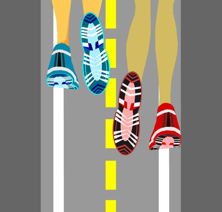 Work out concept man and woman running on the road, Vector illustration.のイラスト素材