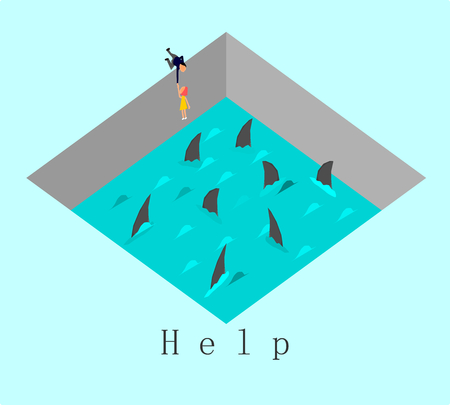 Help concept,Vector,Businessman tries to pull a woman out of a water and shark,vector.のイラスト素材