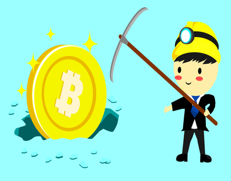 Businessman use pickaxe working big coin,Cartoon style,Cryptocurrency concept.のイラスト素材