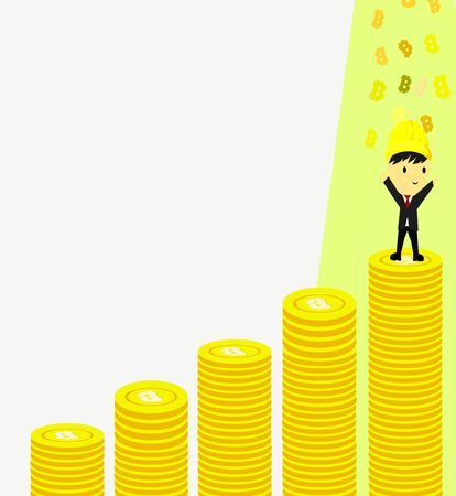 Side view of a businessman climbing stacks of bitcoinsのイラスト素材