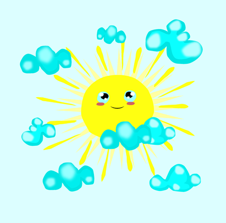 Happy cute sun with clouds cartoon style vector illustrationのイラスト素材