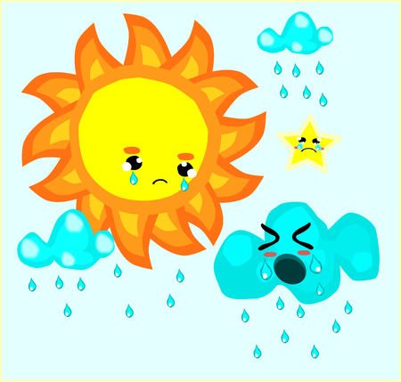 crying cute sun with cloud and star on soft blue background, Vector illustration.のイラスト素材