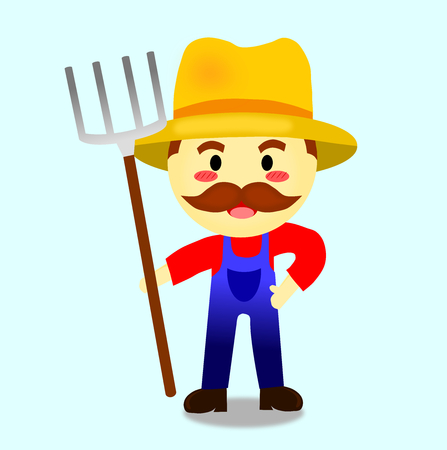 Cute farmer isolated with soft blue background. Cartoon style, job vector.のイラスト素材