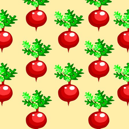seamless pattern with cute radish with red background,cartoon style,Vegetable vector.のイラスト素材