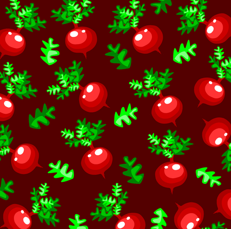 seamless pattern with cute radish with red background,cartoon style,Vegetable vector.のイラスト素材