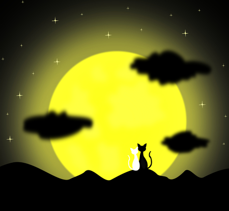two cats in love sitting on the Full Moon and cloud at night,lover couple,cartoon style,vector.のイラスト素材