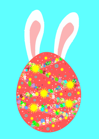 Big red egg and bunny ears with colorful egg and white rabbit inside. Happy easter concept, cartoon style.のイラスト素材