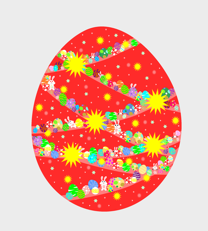 Big red egg with colorful egg and white rabbit inside, pink road to the top. Happy easter concept, cartoon style.のイラスト素材