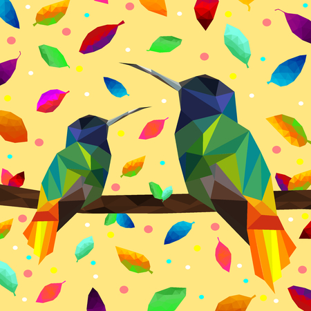 Low poly colorful hummingbird with falling leaves backgroundのイラスト素材