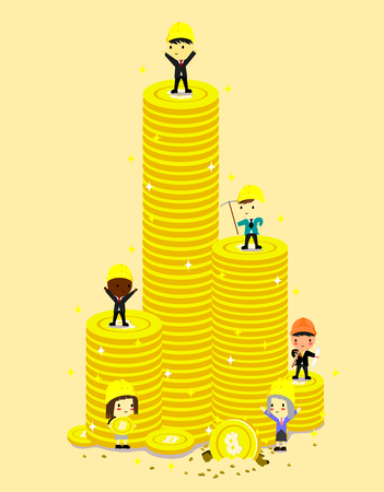 A high coin tower and engineer ,businessman Cartoon Vector illustrationのイラスト素材