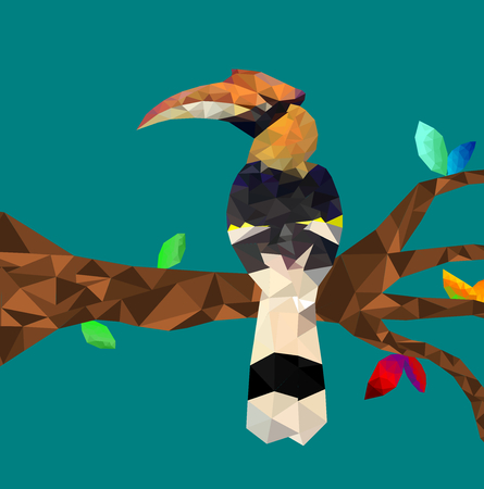 Low poly colorful hornbill bird with tree on blue back ground, birds on the branches ,animal geometric concept,vector.のイラスト素材