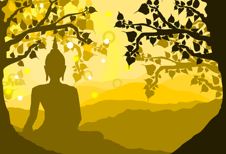 buddha statue under the Bodhi (Sacred Fig) tree and mountain on sunset background,sunset, silhouette styleのイラスト素材