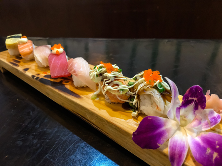 sushi set on the wooden plate,japanese foodの写真素材