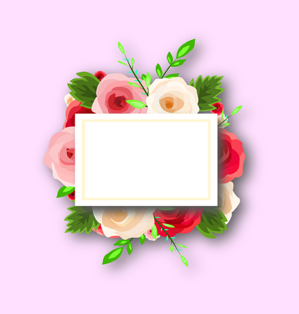 Botanical invitation card ,template design with cartoon style,rose and green leaf with white cardのイラスト素材