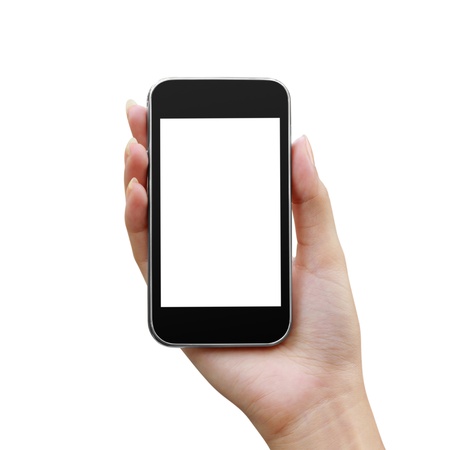 Modern mobile phone in a woman hand isolated Modern mobile phone in a woman hand isolated