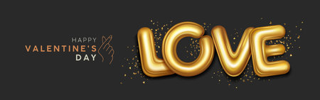 Happy Valentine's day, Love lettering gold shine convex material, with gold ribbbons banner design on black background, EPS10 Vector illustration.のイラスト素材