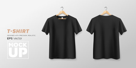 Black t shirt front and back mockup hanging realistic collections, template design, EPS10 Vector illustration.のイラスト素材