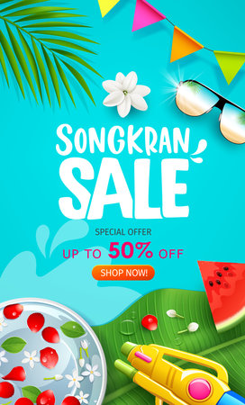 Songkran sale water festival thailand, rose petals in bowl on banana leaf, water gun and watermelon poster flyer on blue backgroundのイラスト素材