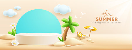 Summer podium display, pile of sand, flowers, coconut tree, beach umbrella, beach chair, banner design, on cloud and sand beach background, EPS 10 vector illustrationのイラスト素材