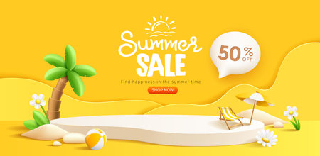 Summer sale podium display, pile of sand, flowers, beach umbrella, beach chair and beach ball, speech bubble space banner design, on yellow background, EPS 10 vector illustrationのイラスト素材