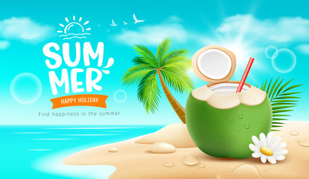 Coconuts fruit fresh and flower summer holiday, coconut tree, pile of sand, on sand beach background, EPS 10 vector illustrationのイラスト素材