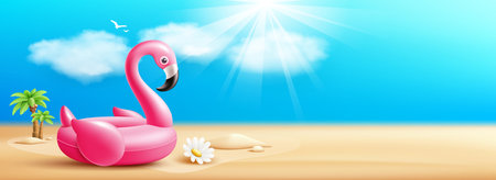 Pink flamingo inflatable swimming pool ring float, coconut tree, summer on sand beach banner design on cloud and sky blue background, eps 10 vector illustrationのイラスト素材