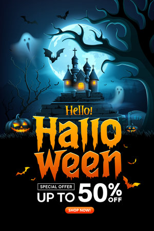 Happy Halloween sale, Scary tree, pumpkins, castle, bat flying, ghost poster design on dark blue background.のイラスト素材
