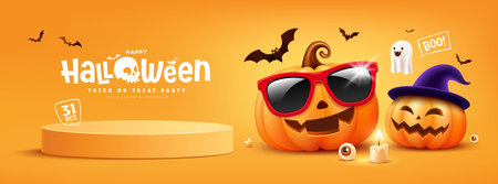 Happy Halloween podium, pumpkins face action, smiling face, bat flying, banner design on yellow backgroundのイラスト素材