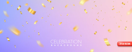 Celebration background template with confetti gold ribbons. wallpaper banner design on colorful background, vector illustrationのイラスト素材