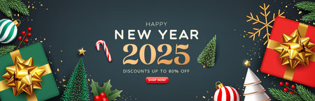 Happy new year 2025, gift box, ornaments banner greeting card design on dark gray background, Eps 10...