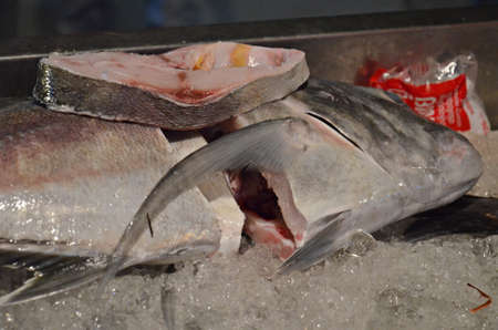 big fish and fish steak on ice at thai market