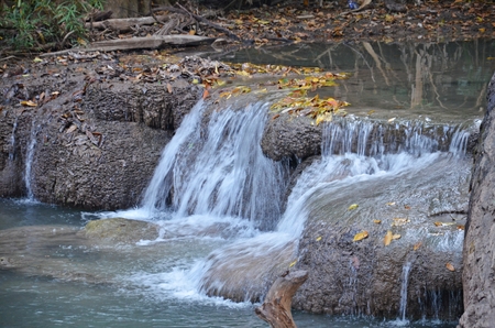 waterfall in Erawan Waterfalls National Park in Thailandの写真素材