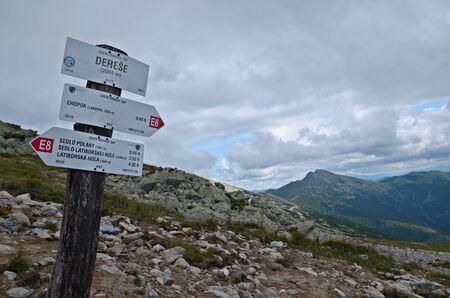 signpost in Low Tatras in Slovakia, mountain view on a backgroundの写真素材