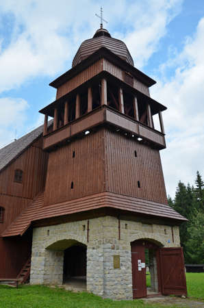 tower of wooden articular church in svaty kriz, slovakia, one of the biggest in europeの写真素材