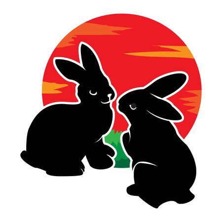 Two Rabbit logo with moon, flat design. Vector Illustration on white backgroundのイラスト素材