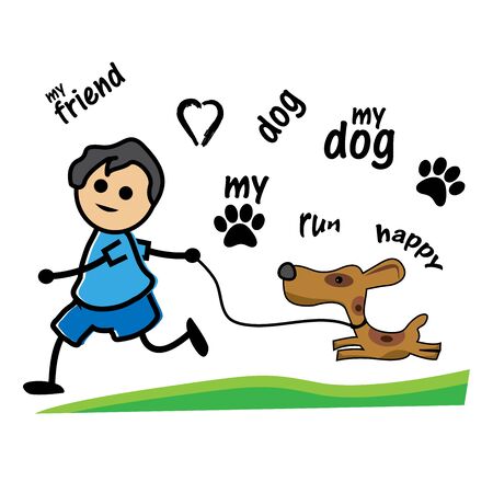 Illustration of boys playing with dogsのイラスト素材
