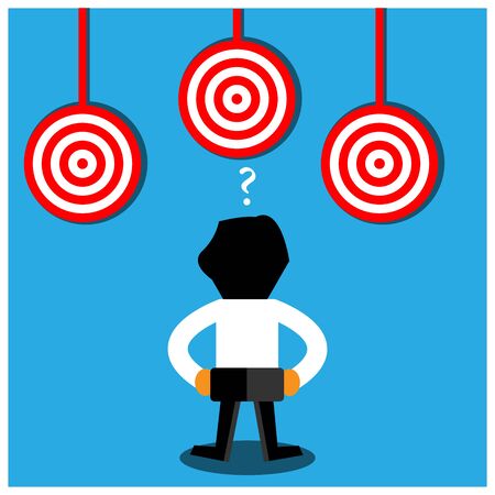 Red target icon and business man. This theme template is showing the concept of confused in achieving goals.のイラスト素材