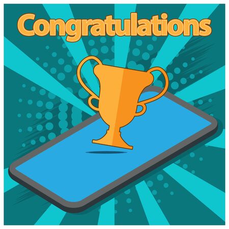 Congratulations with trophy on the flat background. Flat vector illustration.のイラスト素材