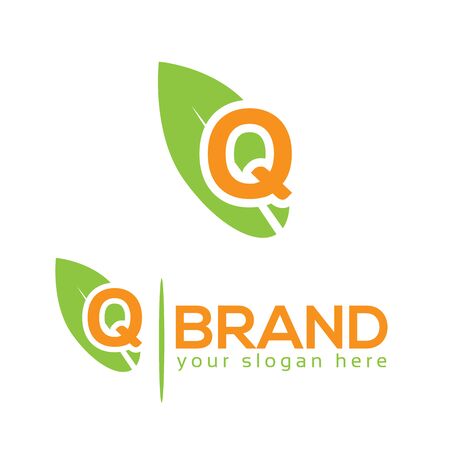 Letter Q with leaf on white background. Logo Design Template. Flat designのイラスト素材