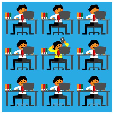 Office Worker play mobile phones among their busy friends. Flat designのイラスト素材