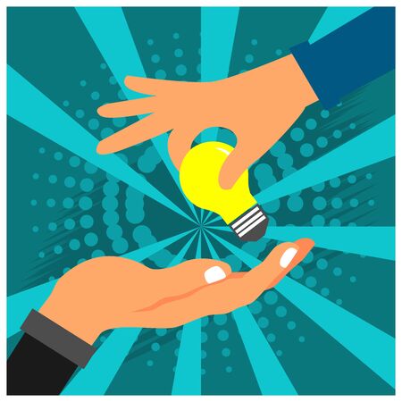 Hand and lamp. The Vector Illustration is showing the concept of transfer of knowledge or ideas.のイラスト素材