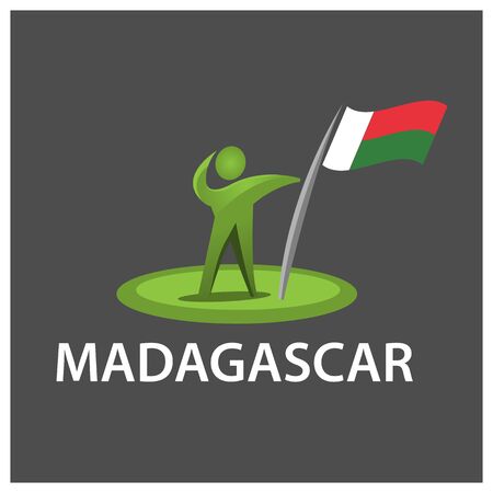 Man holding a flag of Madagascar, Vector illustration on gray background.のイラスト素材