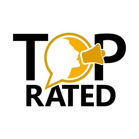 Top rated with with people talking using megaphones. Creative lettering vector illustration. illustration in vector format.のイラスト素材