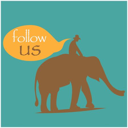 Follow us with people ride elephant. Flat design. Vector Illustration on turquoise background.のイラスト素材